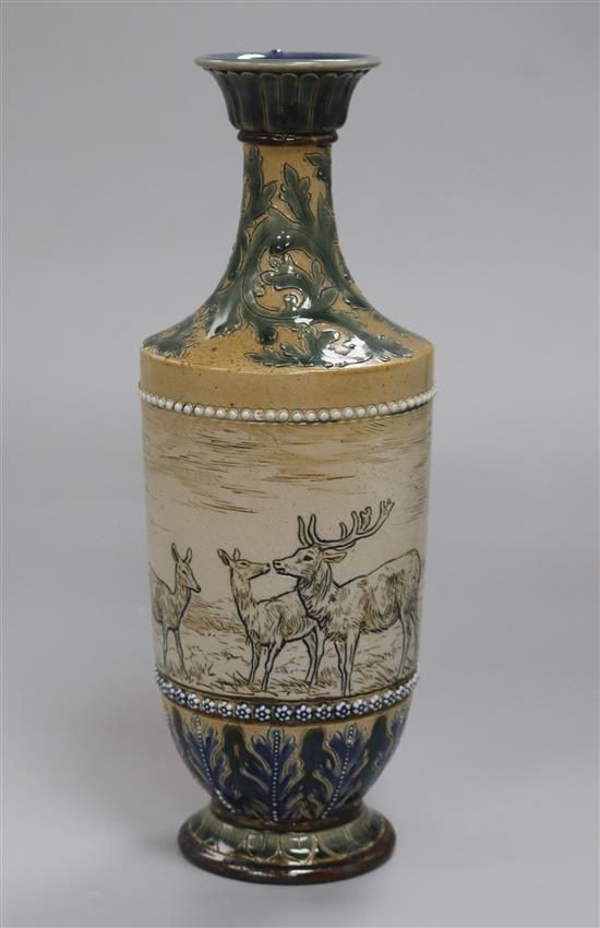 Hannah Barlow for Doulton Lambeth. A sgraffito deer vase, date code for 1879, height 26cm